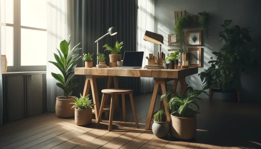 DALL·E 2024 04 10 21.31.14 An elegant eco friendly home office setup featuring a desk made of recycled wood surrounded by indoor plants in biodegradable pots. On the desk the